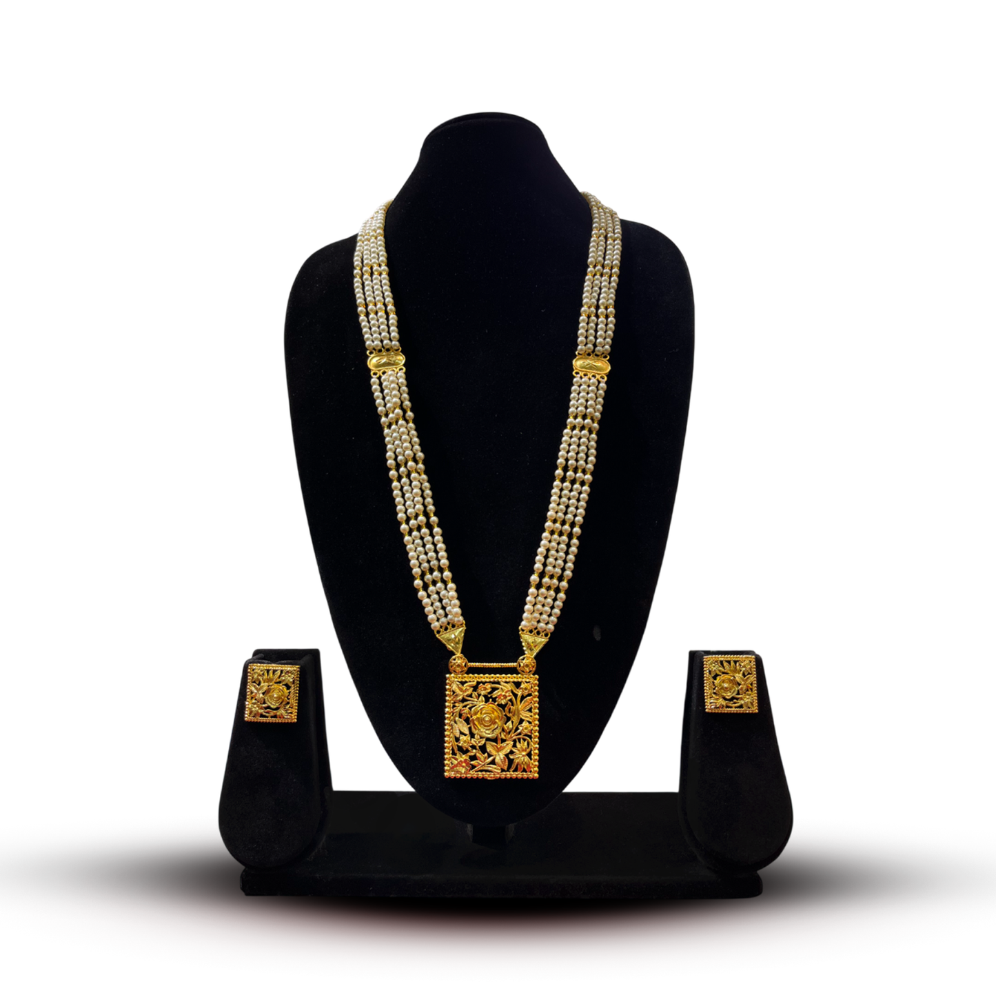 24K Gold-Plated - Multi-Layer Pearl Necklace Set with Matching Earrings & Floral Pendan