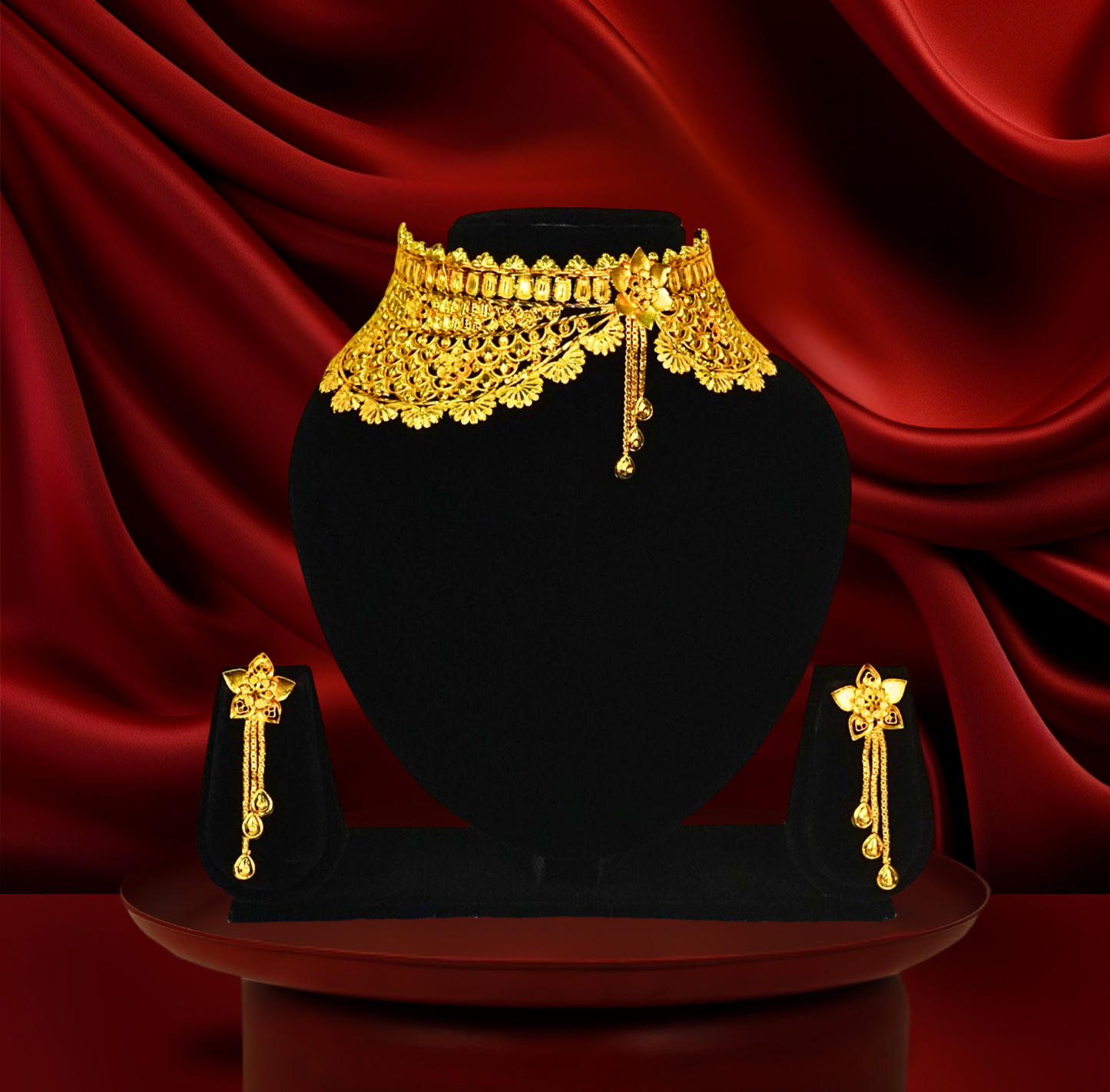24K Gold-Plated Floral Choker Set with Long Drop Earrings – Traditional Bridal Jewelry
