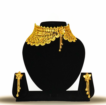 24K Gold-Plated Floral Choker Set with Long Drop Earrings – Traditional Bridal Jewelry