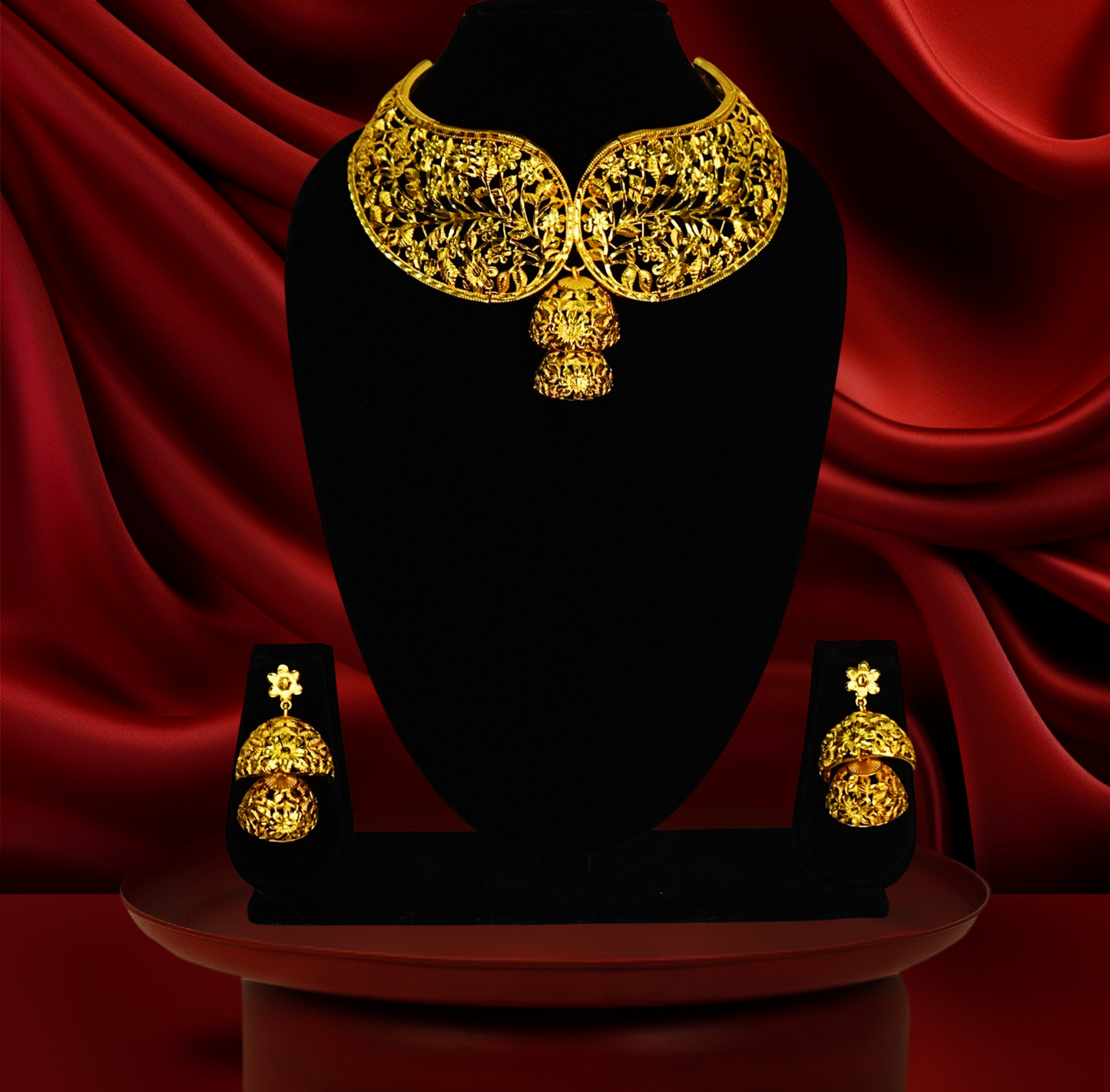 24K Gold-Plated Designer Filigree Leaf Crown Choker Set with Jhumka Earrings