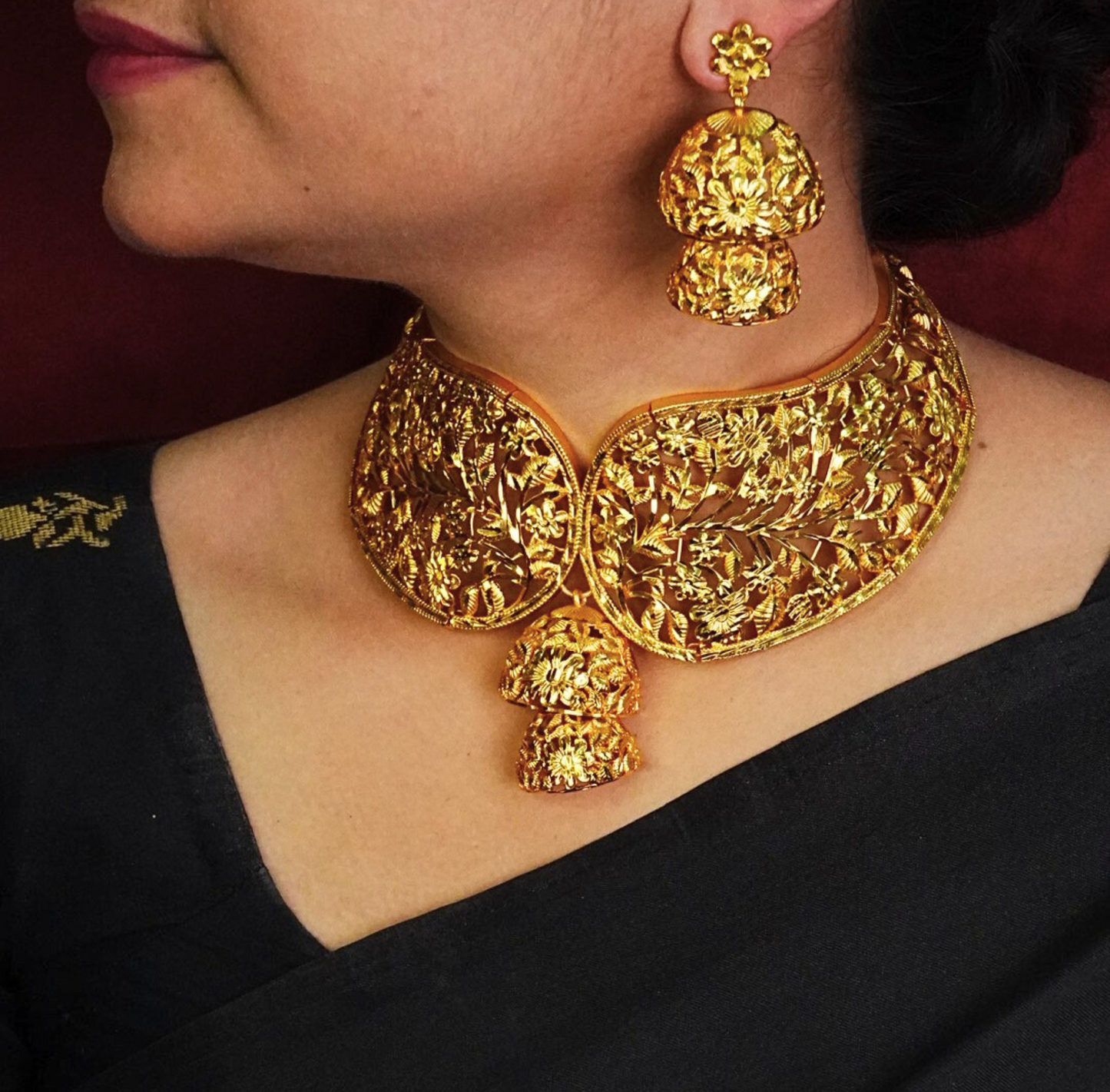 24K Gold-Plated Designer Filigree Leaf Crown Choker Set with Jhumka Earrings