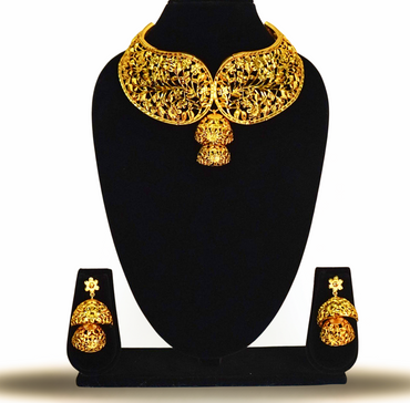 24K Gold-Plated Designer Filigree Leaf Crown Choker Set with Jhumka Earrings