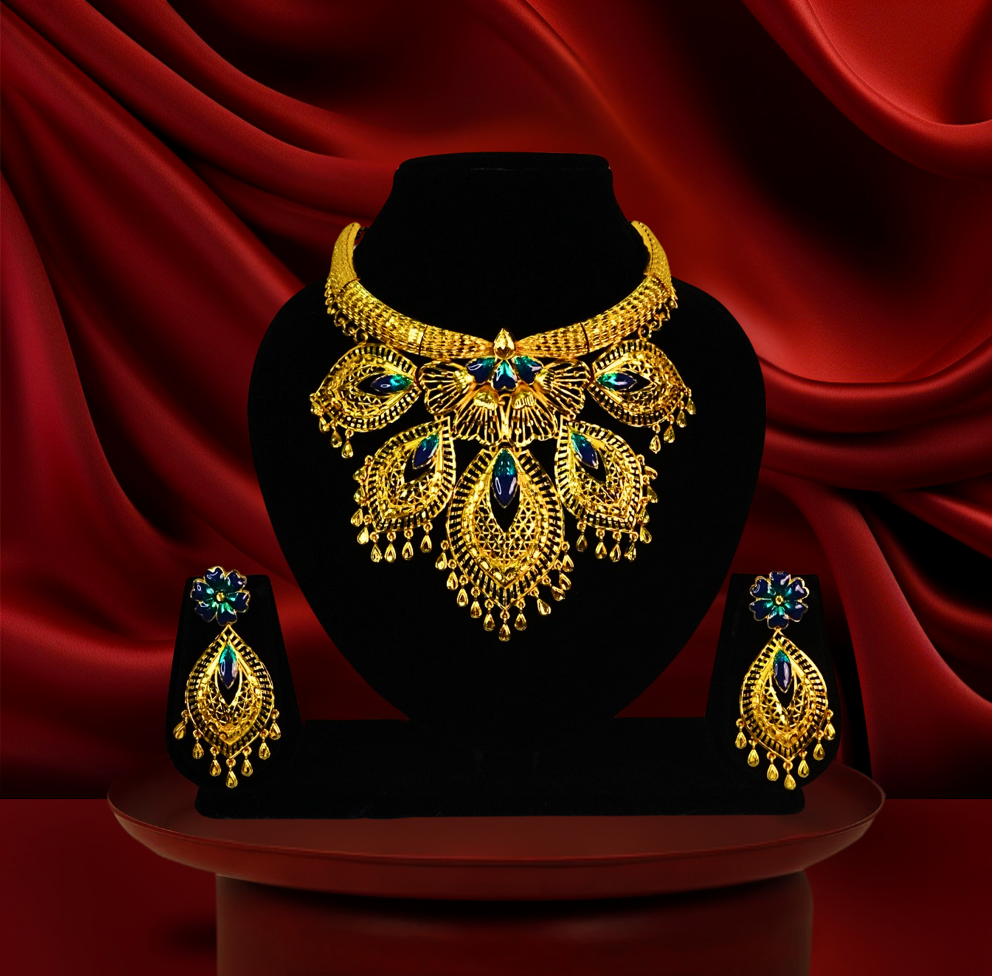 24K Gold-Plated Peacock Feather Inspired Heavy Necklace Set