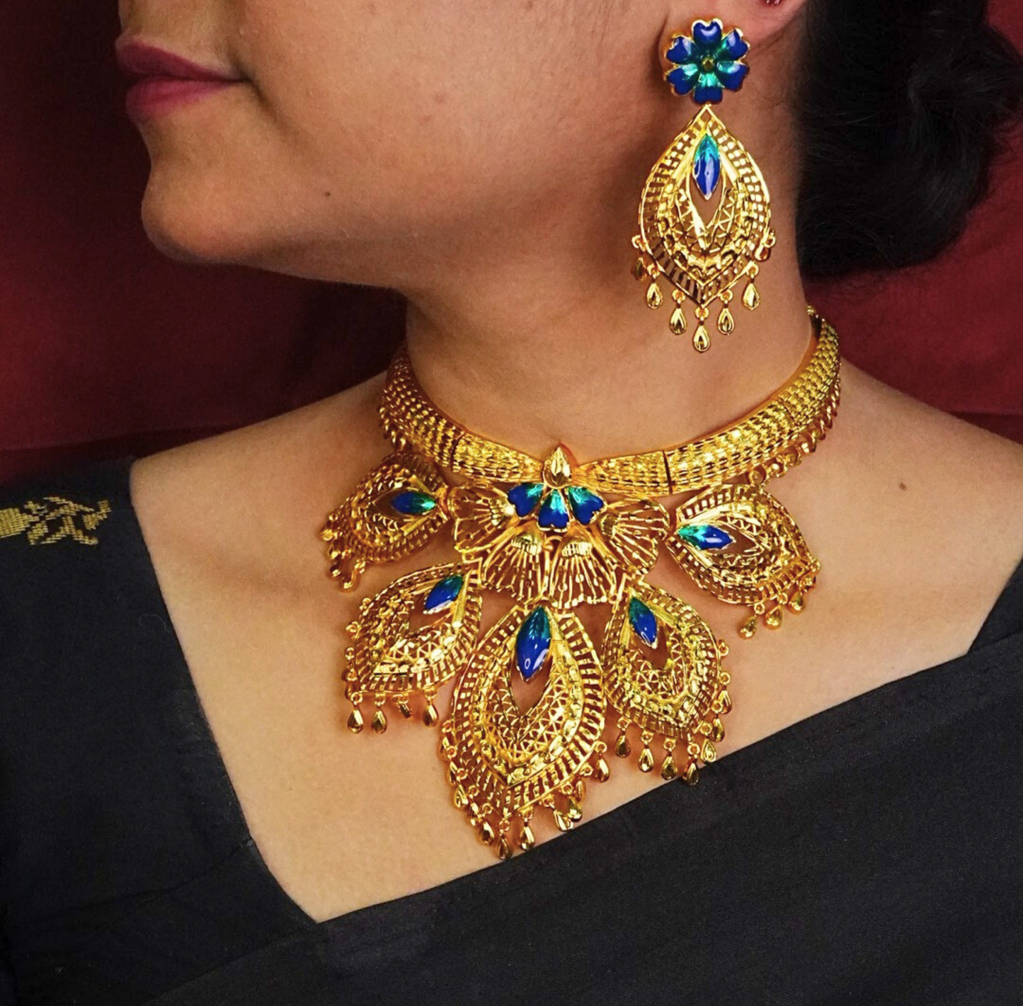 24K Gold-Plated Peacock Feather Inspired Heavy Necklace Set