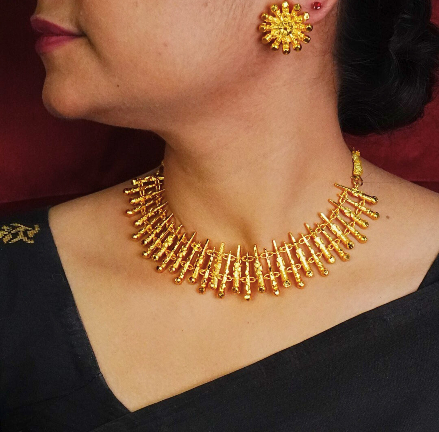 24KT Gold-Plated - Golden Spikes Designer Necklace with Earrings
