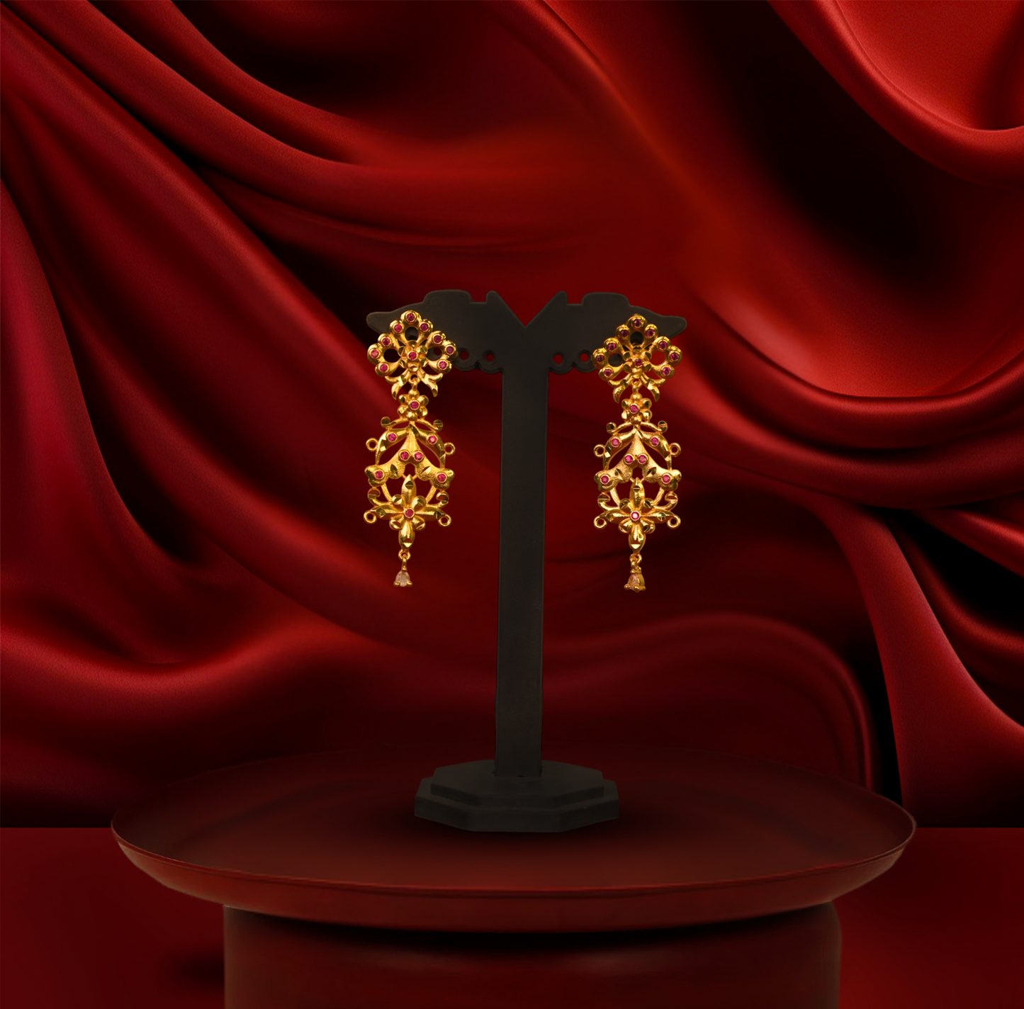 24K Gold-Plated - Premium Heritage Gold Necklace Set With Pink Stone Detailing Earrings