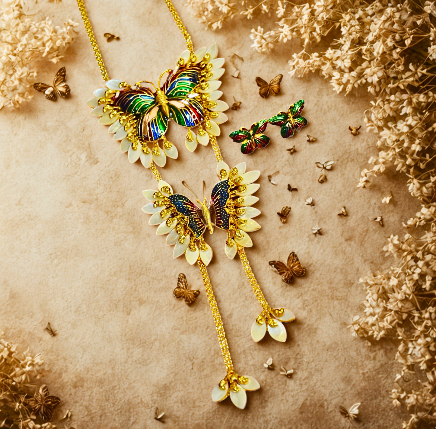 24K Gold-Plated Enchanted Butterfly Dual Pendant Shell Tie Chain Set