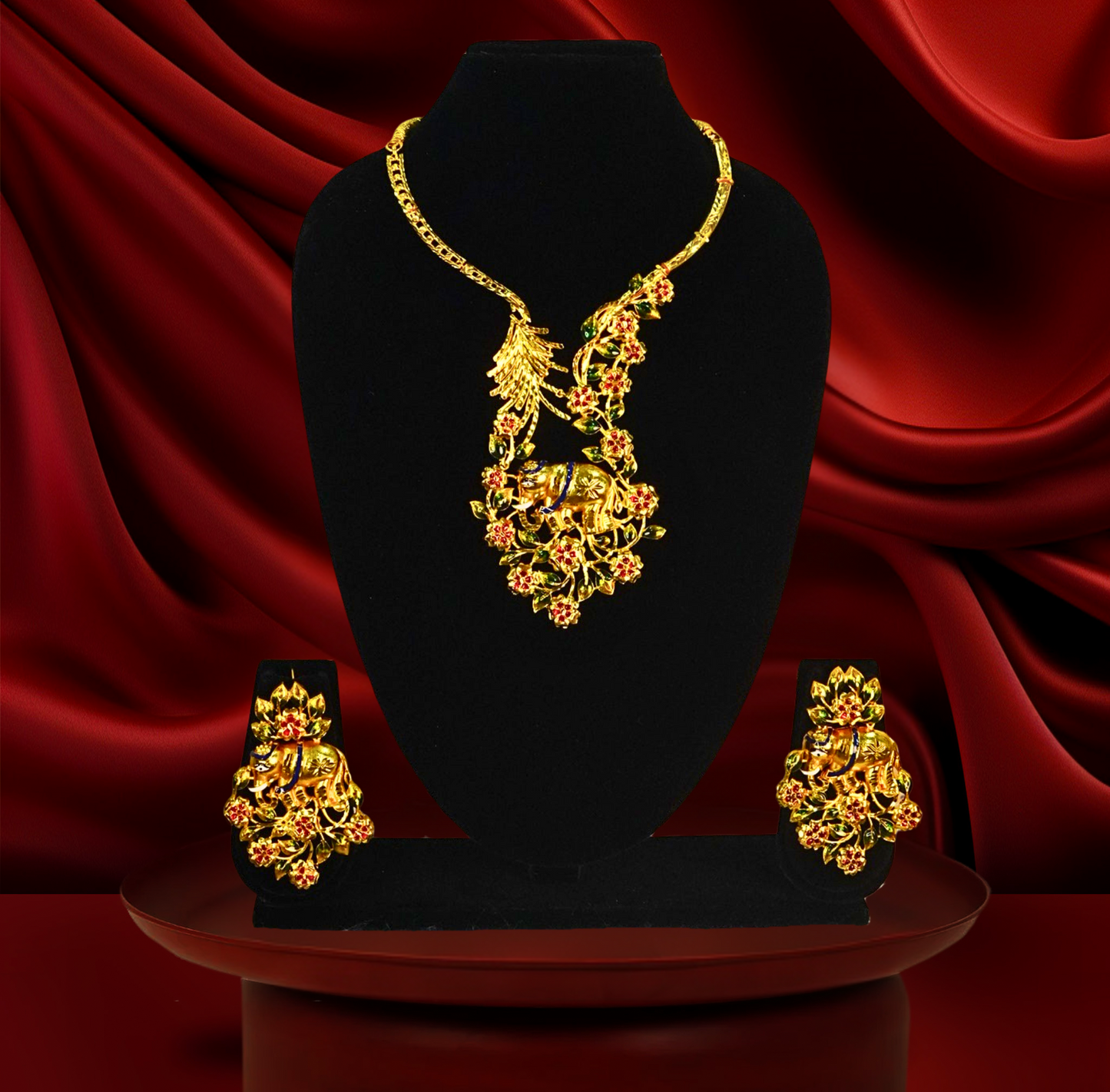24K Gold-Plated Elephant Motif Statement Necklace Set with Floral Detailing & Matching Earrings