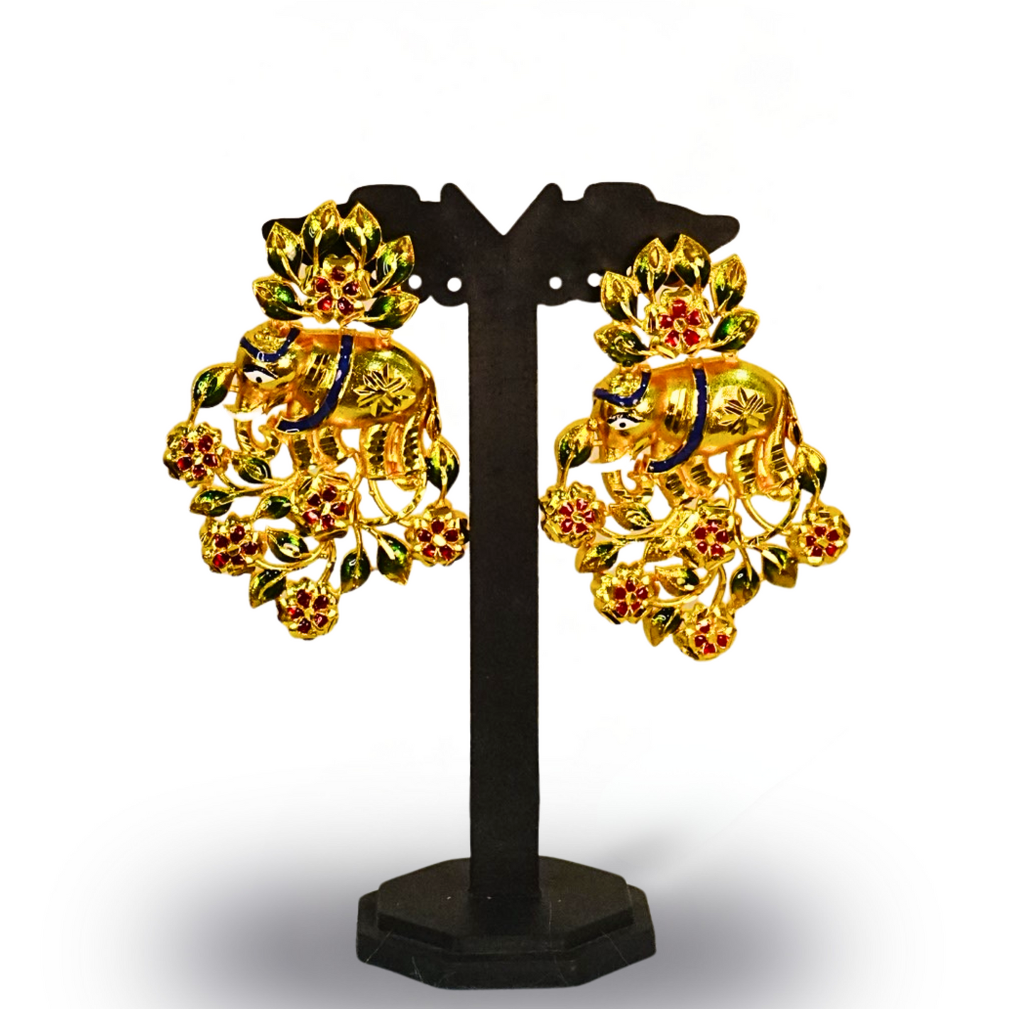 24K Gold-Plated Elephant Motif Statement Necklace Set with Floral Detailing & Matching Earrings