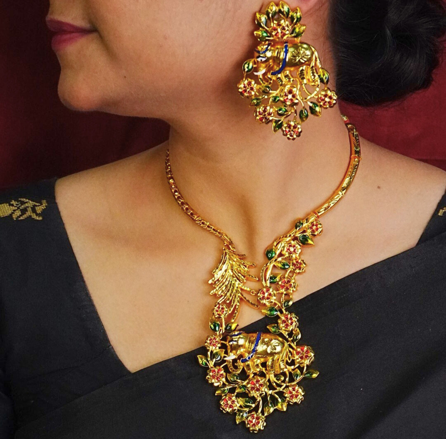 24K Gold-Plated Elephant Motif Statement Necklace Set with Floral Detailing & Matching Earrings