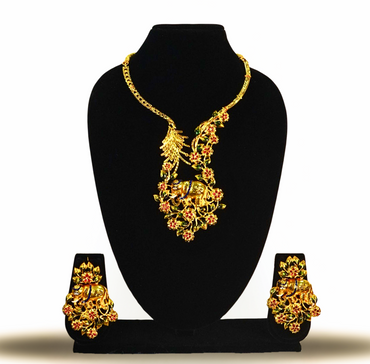 24K Gold-Plated Elephant Motif Statement Necklace Set with Floral Detailing & Matching Earrings