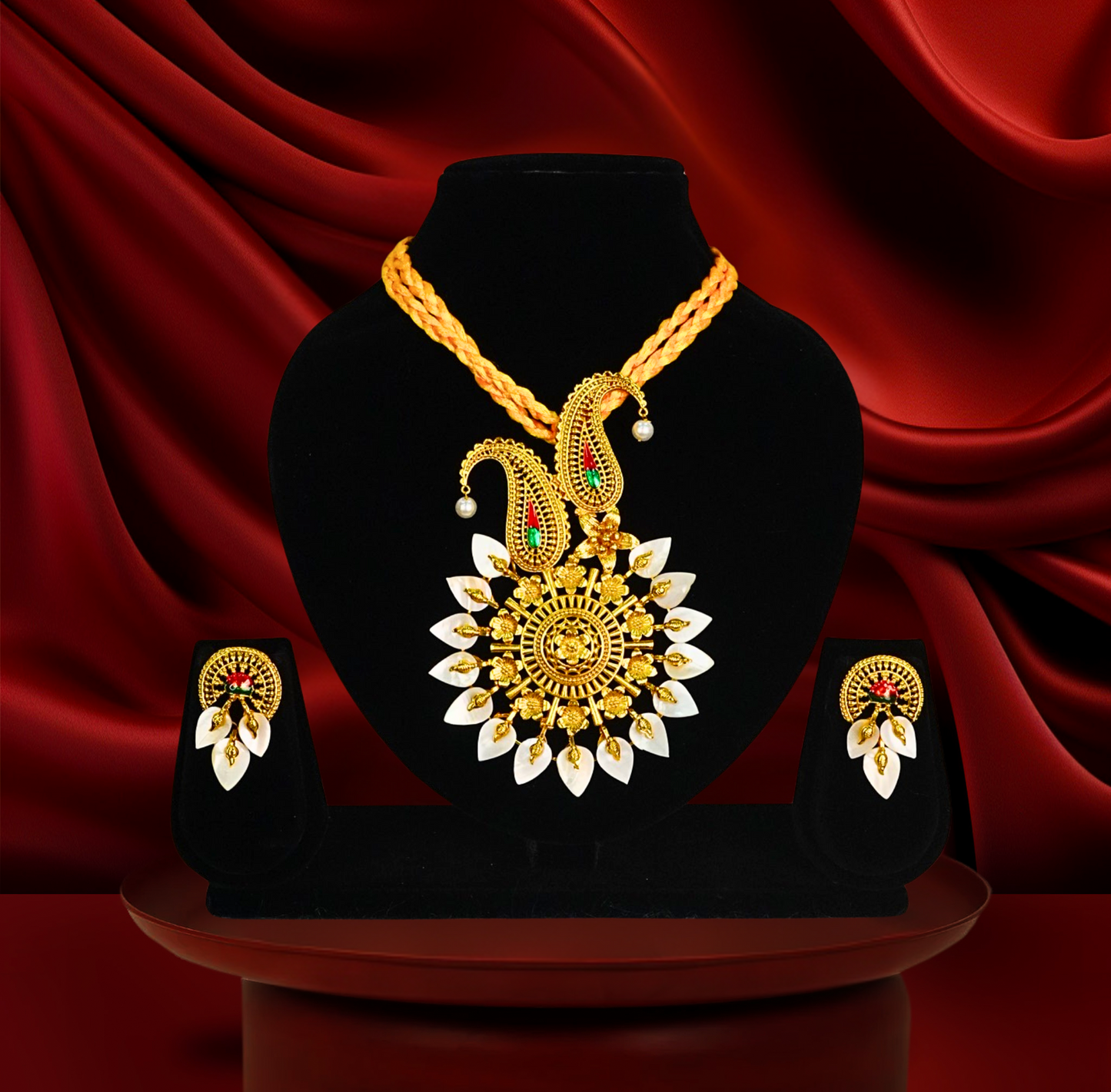 24K Gold-Plated Aamkolka Naksha Motif Shell Pendant Set with Earrings