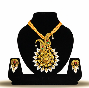 24K Gold-Plated Aamkolka Naksha Motif Shell Pendant Set with Earrings