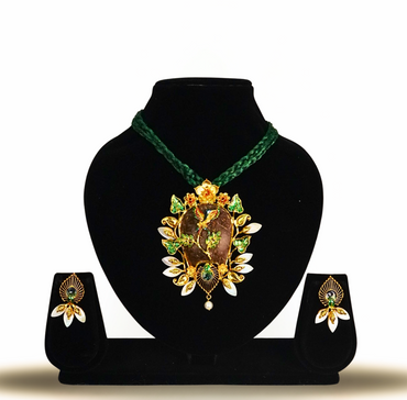 24K Gold-Plated Handcrafted Peacock Motif Coconut Shell Pendant Set with Earrings