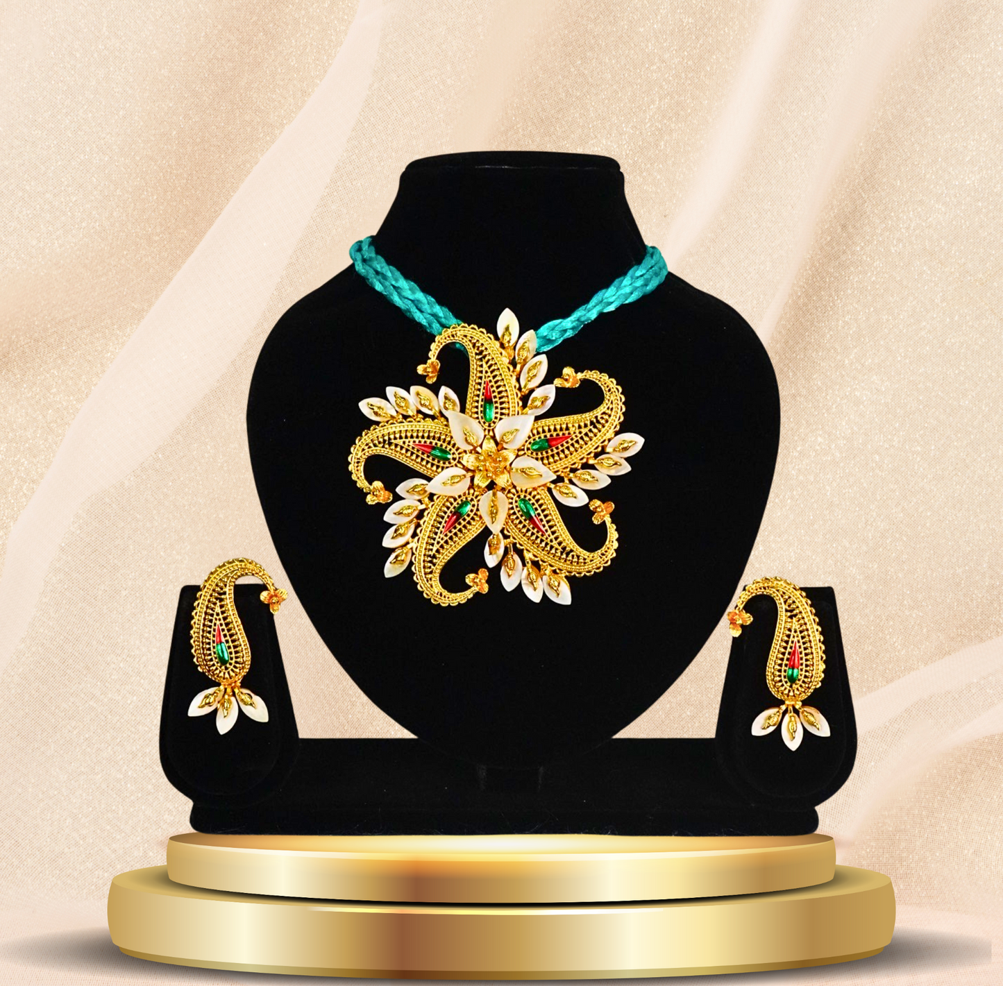 24K Gold-Plated Floral Blossom Shell Pendant Set with Earrings – Traditional Statement Jewelry