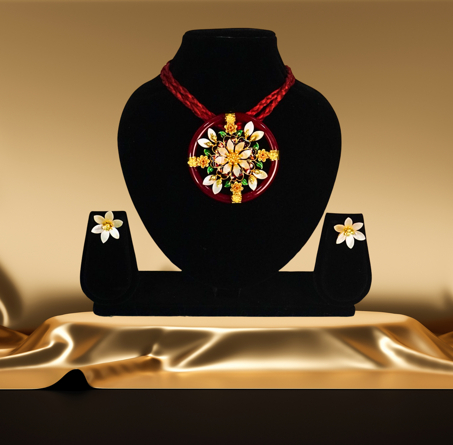 24K Gold-Plated Red Pola Shell Pendant Set with Earrings | Traditional Floral Jewelry