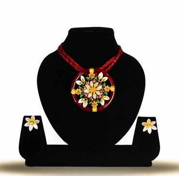 24K Gold-Plated Red Pola Shell Pendant Set with Earrings | Traditional Floral Jewelry