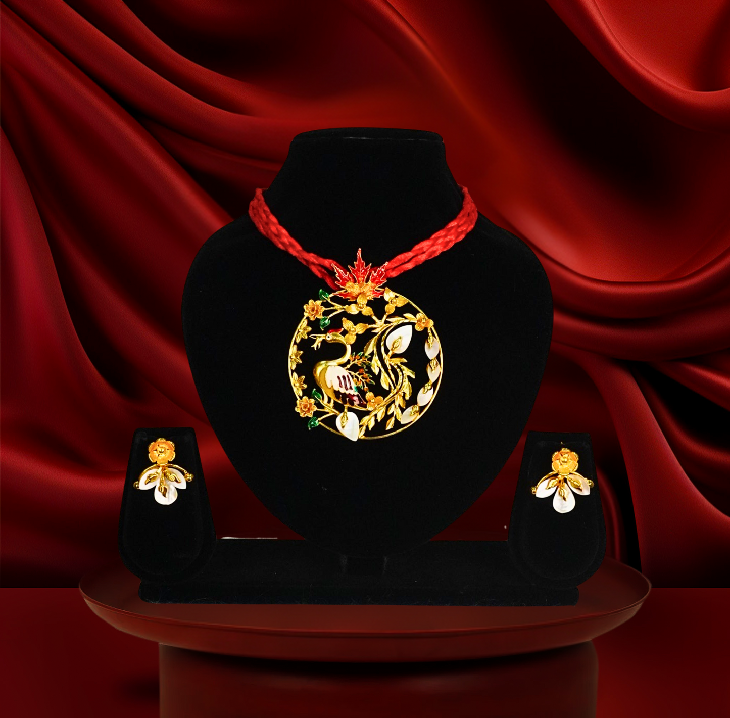 24K Gold-Plated Royal Crane Motif Pendant Set with Earrings