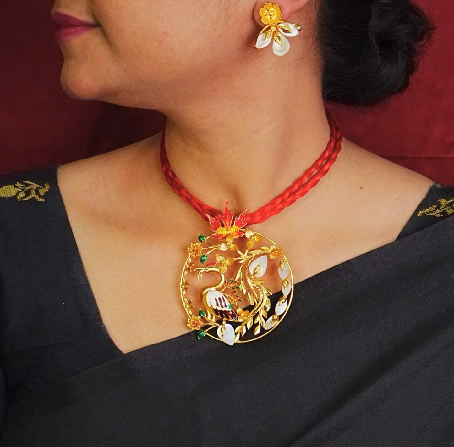 24K Gold-Plated Royal Crane Motif Pendant Set with Earrings
