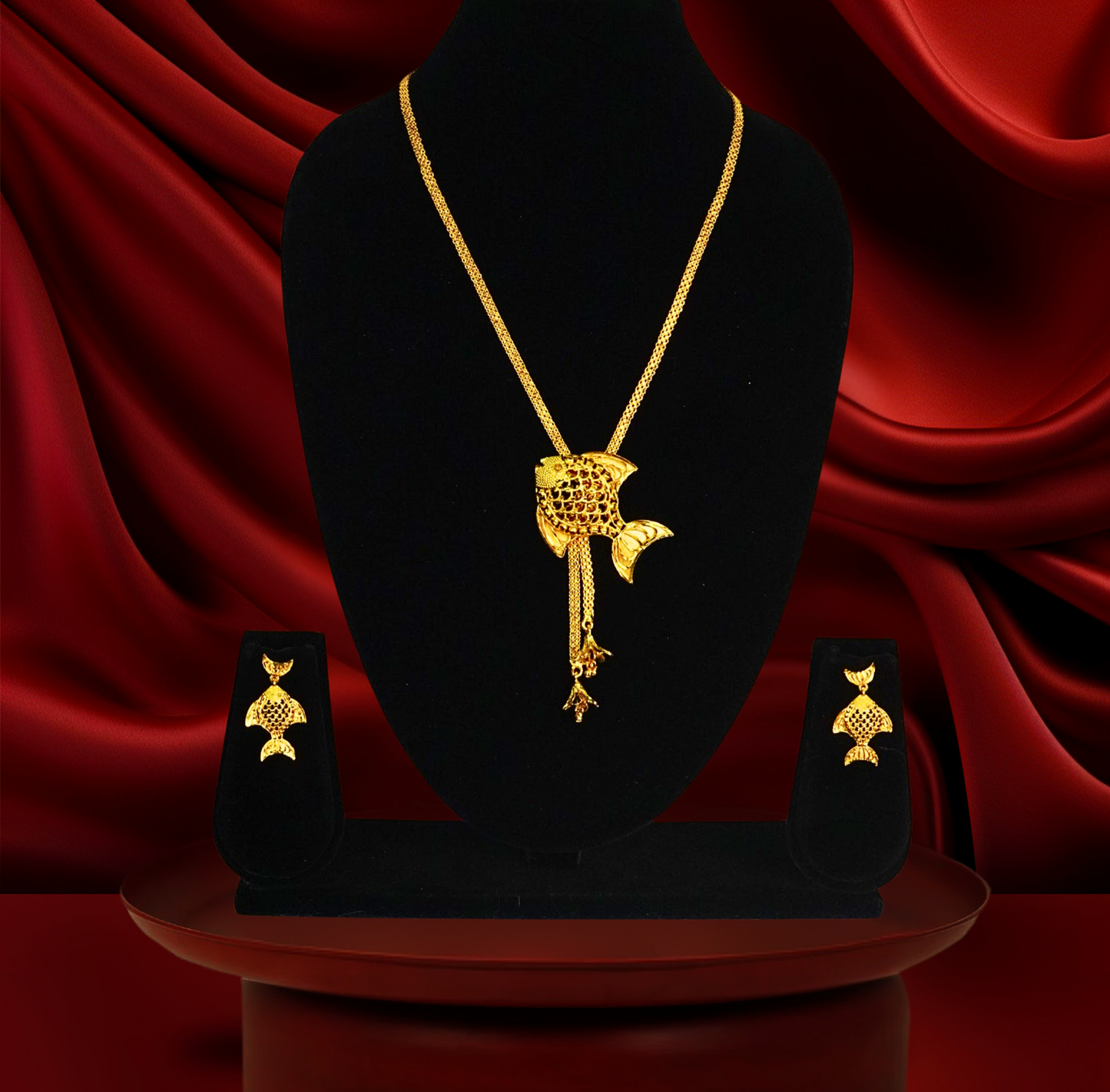 24K Gold-Plated Fish Motif Tie Chain – Elegant Long Pendant Set