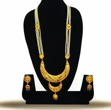 Regal Moon Crescent Bridal Set – 24K Gold-Plated Long pearl set with Earrings