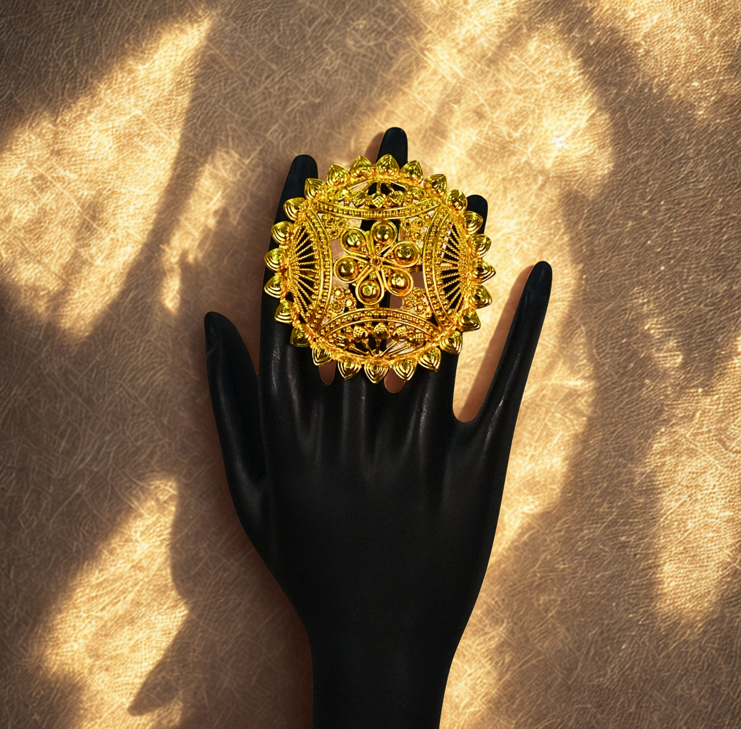 24K Gold-Plated - Traditional Floral Naksha Adjustable Finger Ring