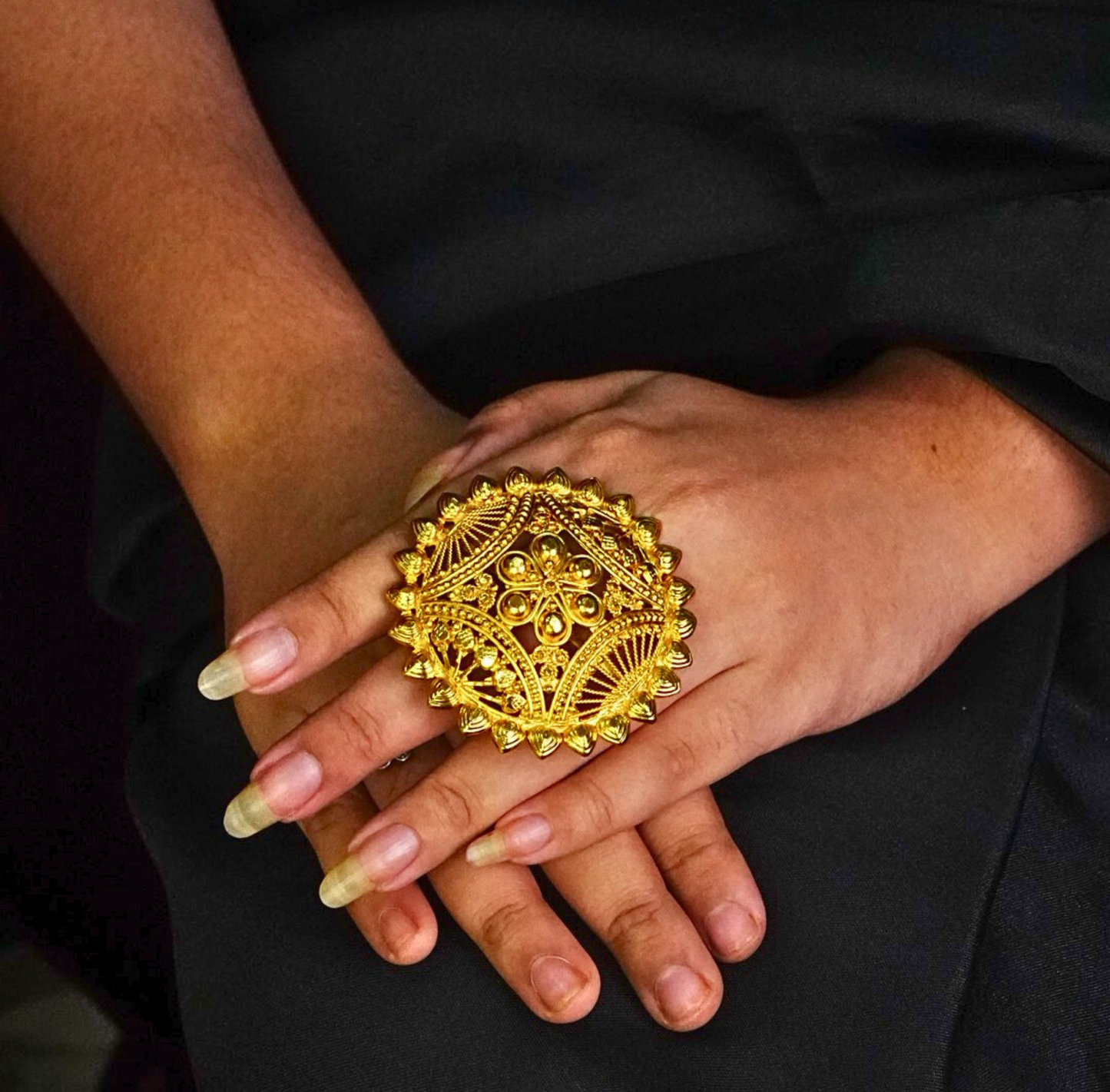 24K Gold-Plated - Traditional Floral Naksha Adjustable Finger Ring