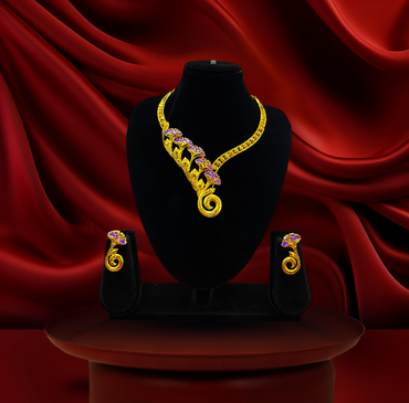 24K Gold-Plated - Purple Floral Vine Designer Necklace Set with Matching Earrings