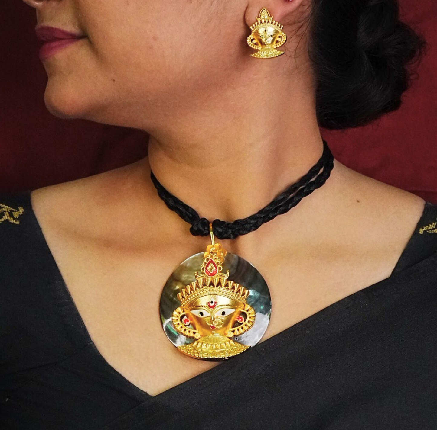 24K Gold-Plated Maa Durga Face Shell Pendant Set with Earrings