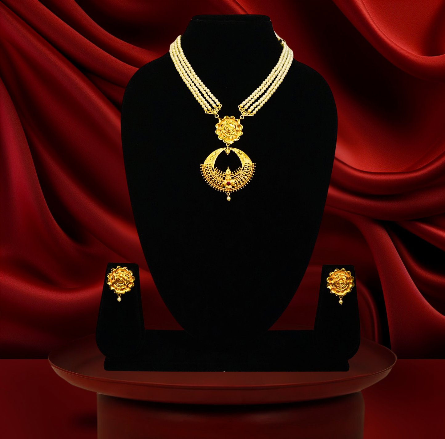 Floral Chandbali Pendant pearl Necklace Set – 24K Gold-Plated with Earrings