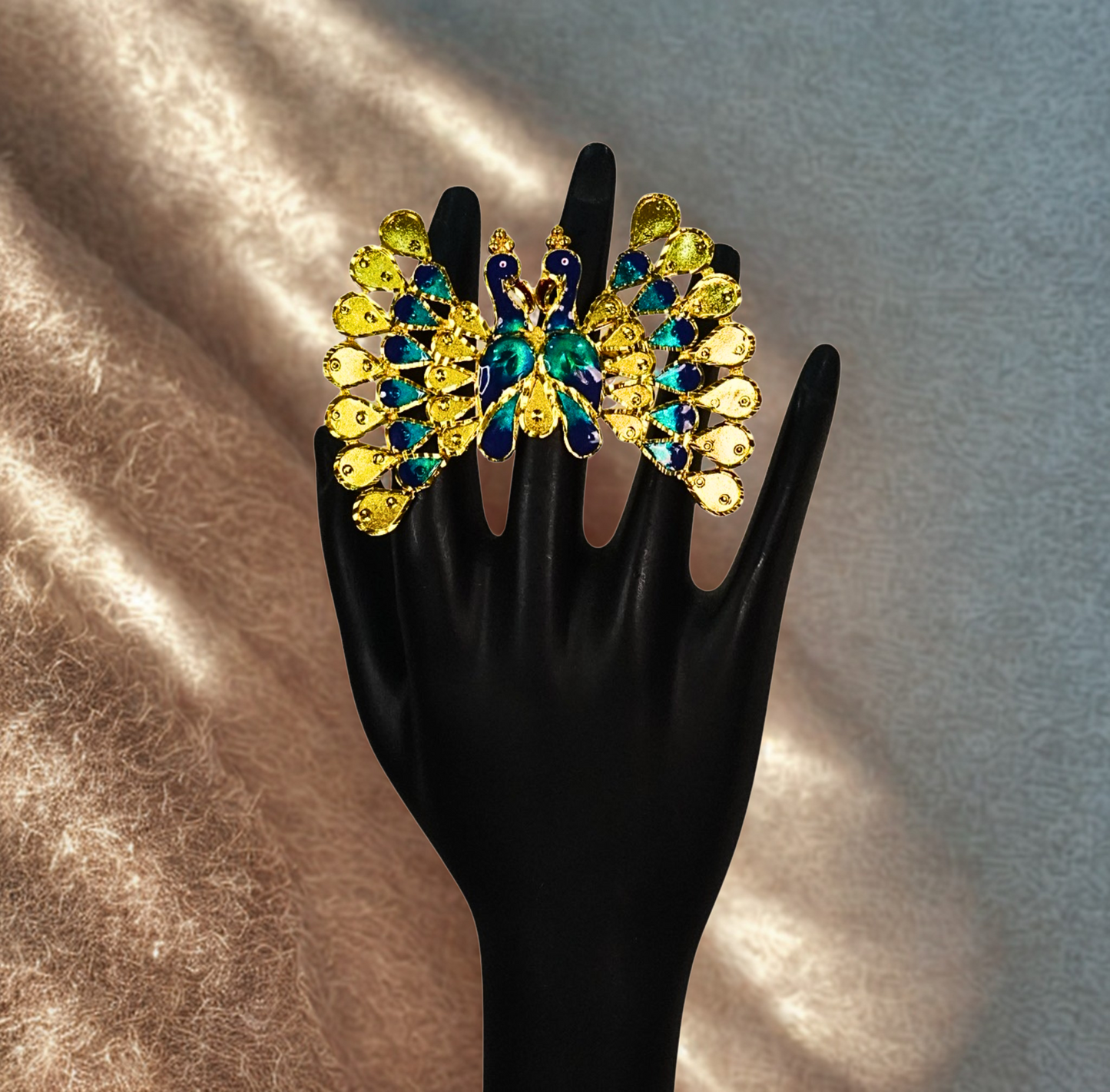 24K Gold-Plated - Dual Peacock Motif Meenakari Adjustable Finger Ring