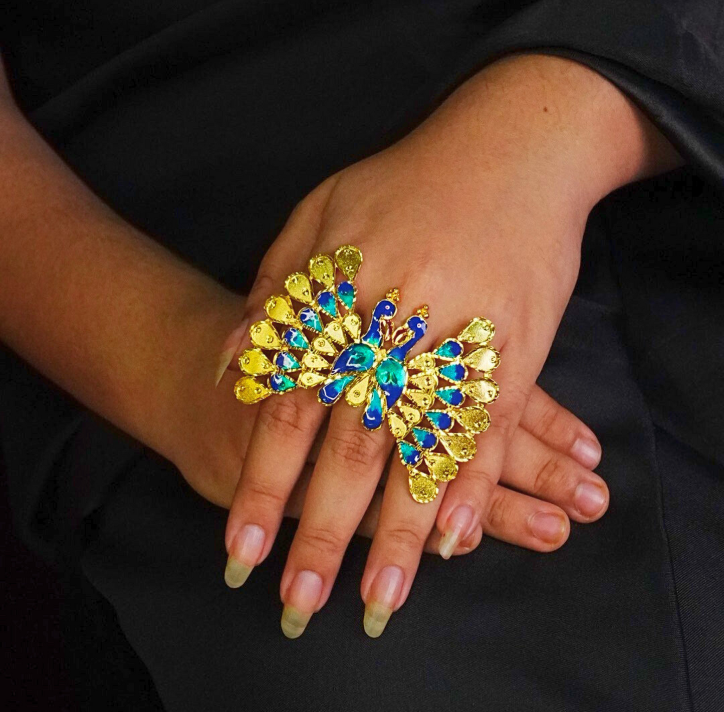 24K Gold-Plated - Dual Peacock Motif Meenakari Adjustable Finger Ring
