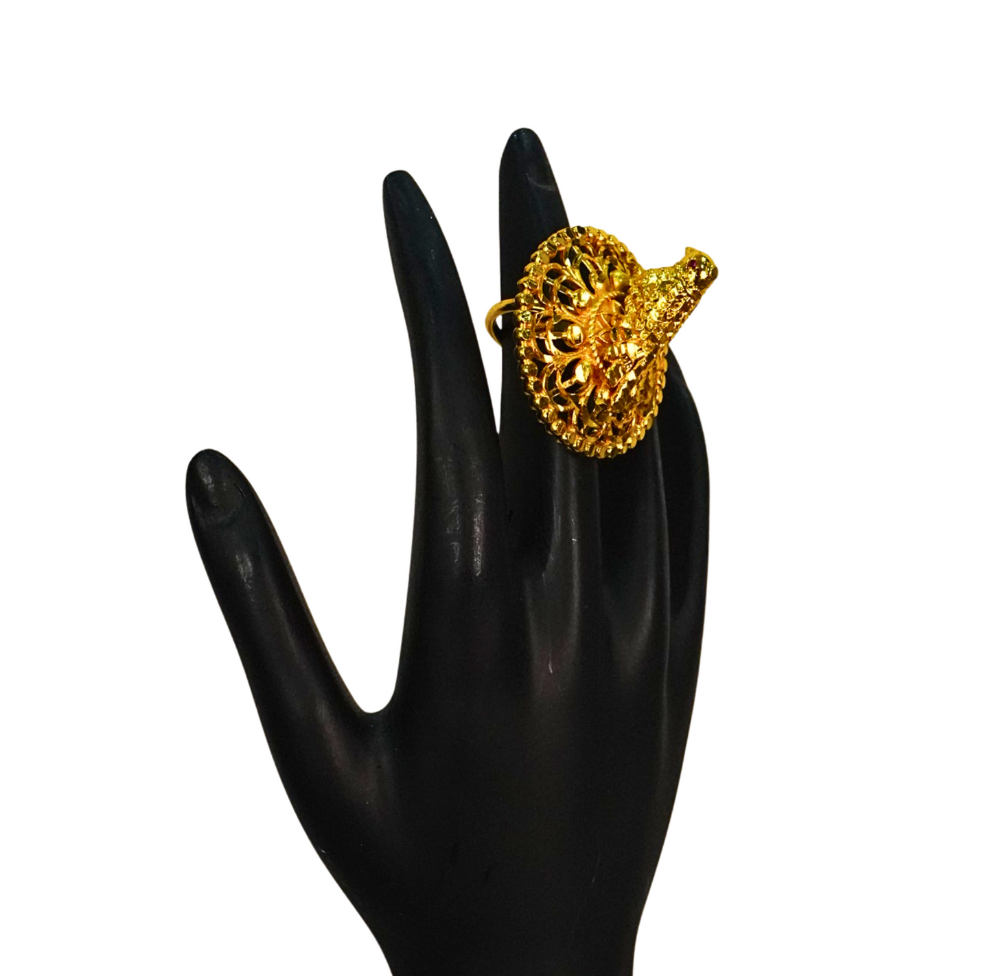 24K Gold-Plated - 3D Peacock Motif Adjustable Finger Ring
