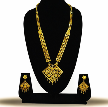 Heritage Square Pendant Sitahar Set – 24K Gold-Plated Long set with Earrings