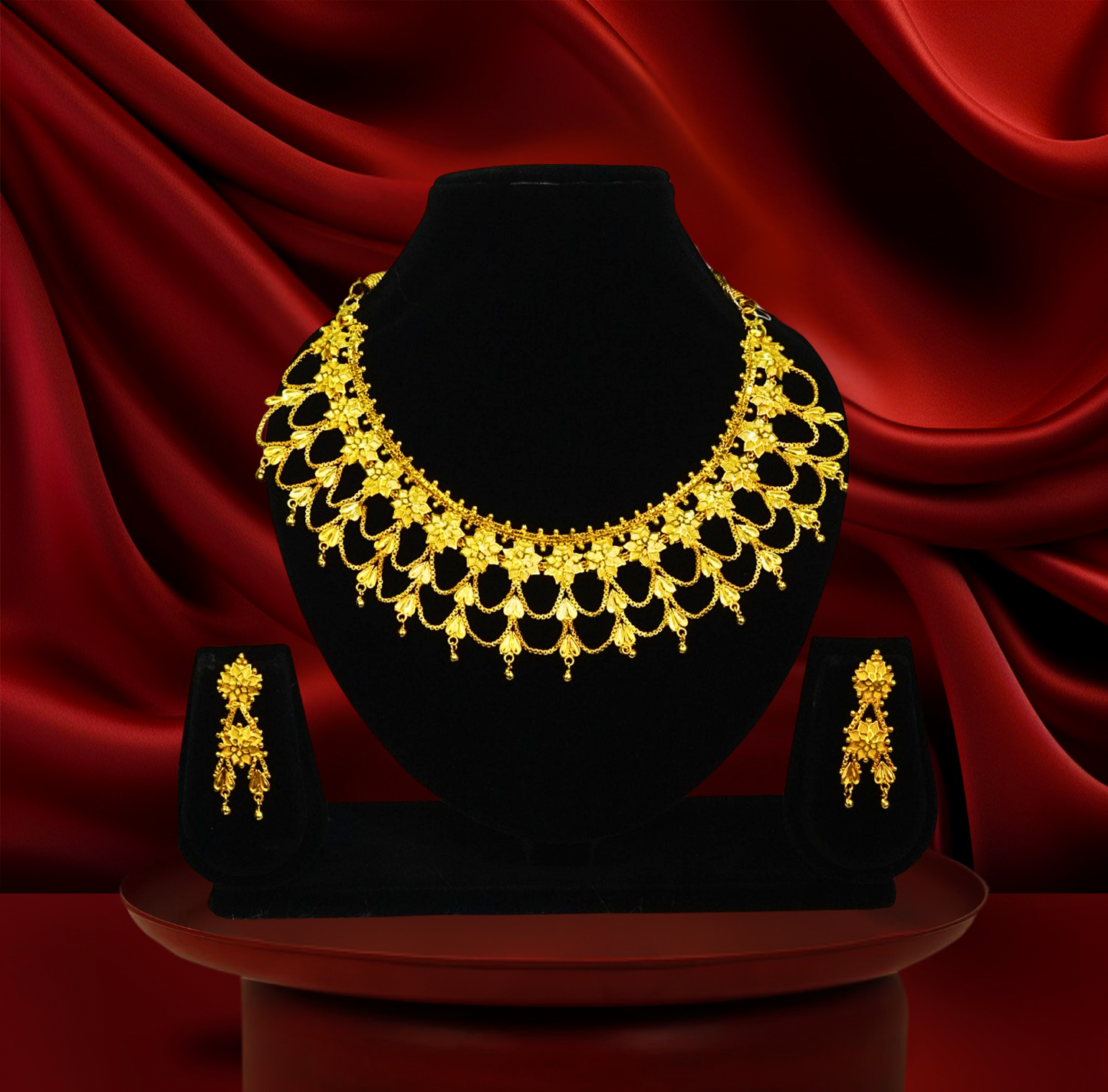 Floral Chatai Necklace Set – 24K Gold-Plated Bridal Choker with Earrings