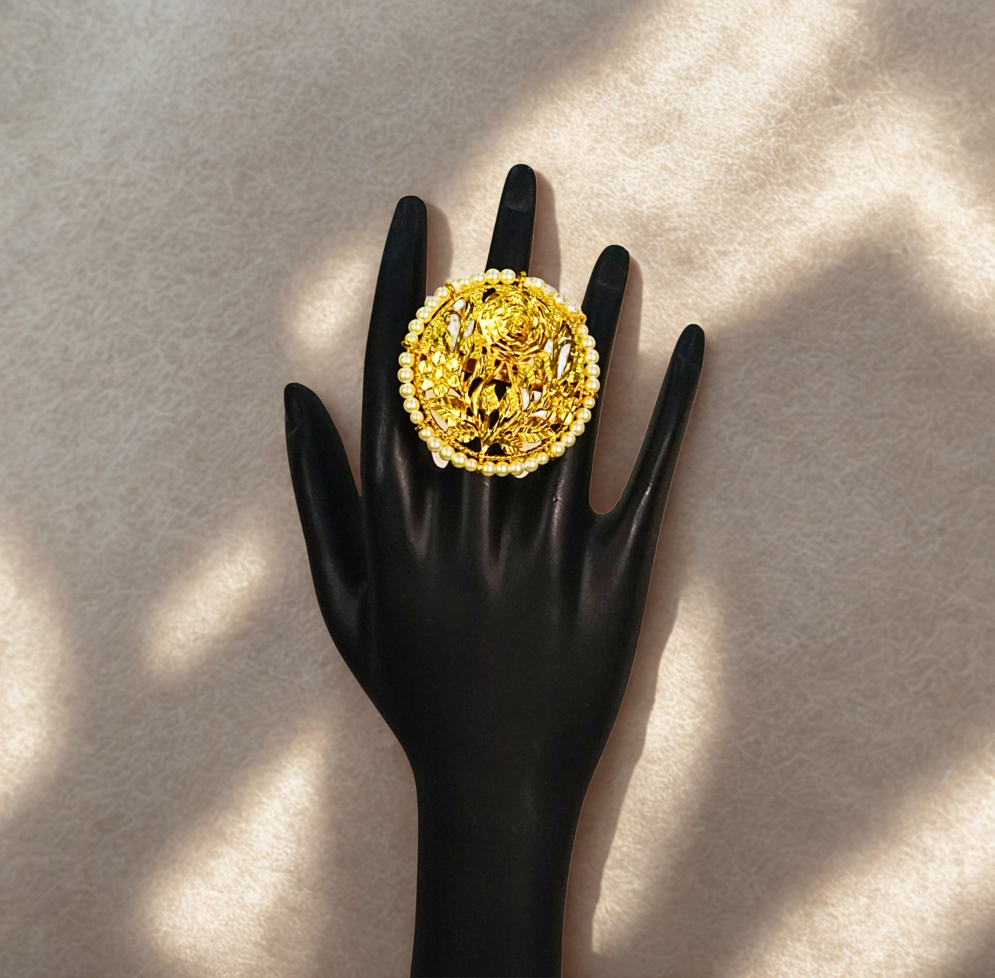 24K Gold-Plated - Floral Motif Adjustable Cocktail Finger Ring with Pearl Border