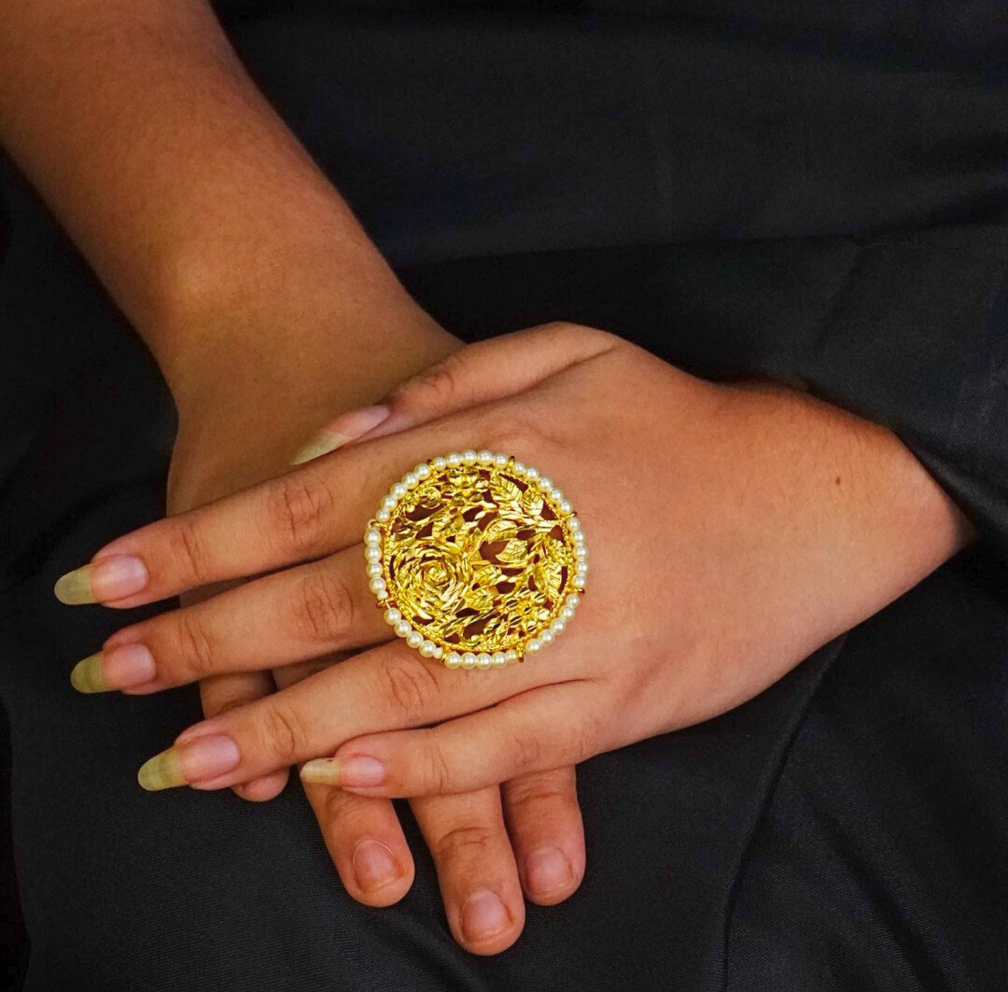 24K Gold-Plated - Floral Motif Adjustable Cocktail Finger Ring with Pearl Border