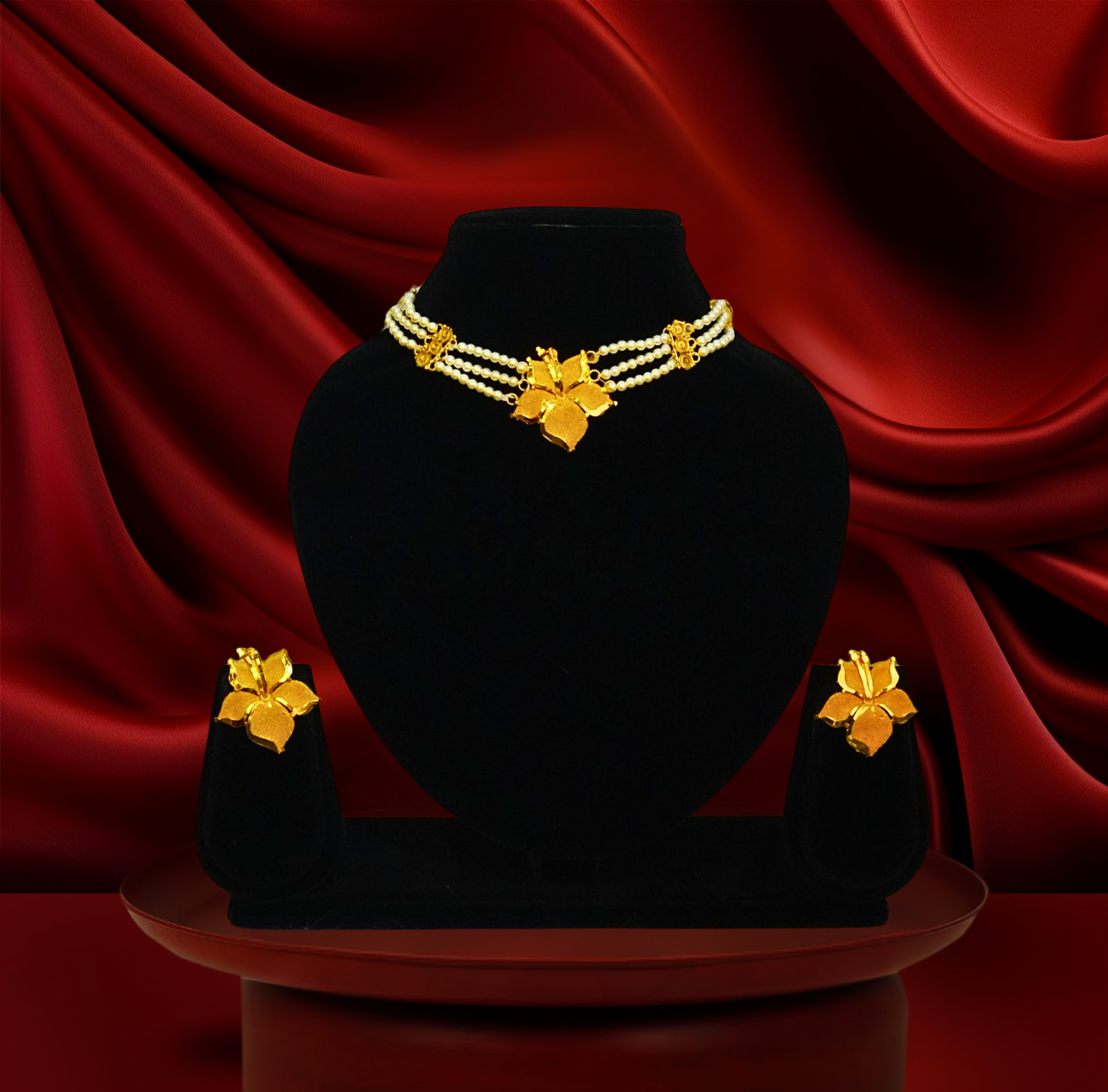 Floral Bloom Pearl Choker Set – 24K Gold-Plated pearl choker with Earrings