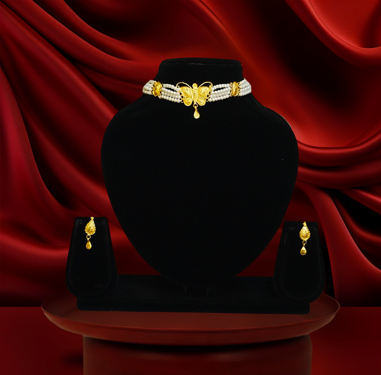 Butterfly Pearl Choker Set – 24KT Gold-Plated with Earrings