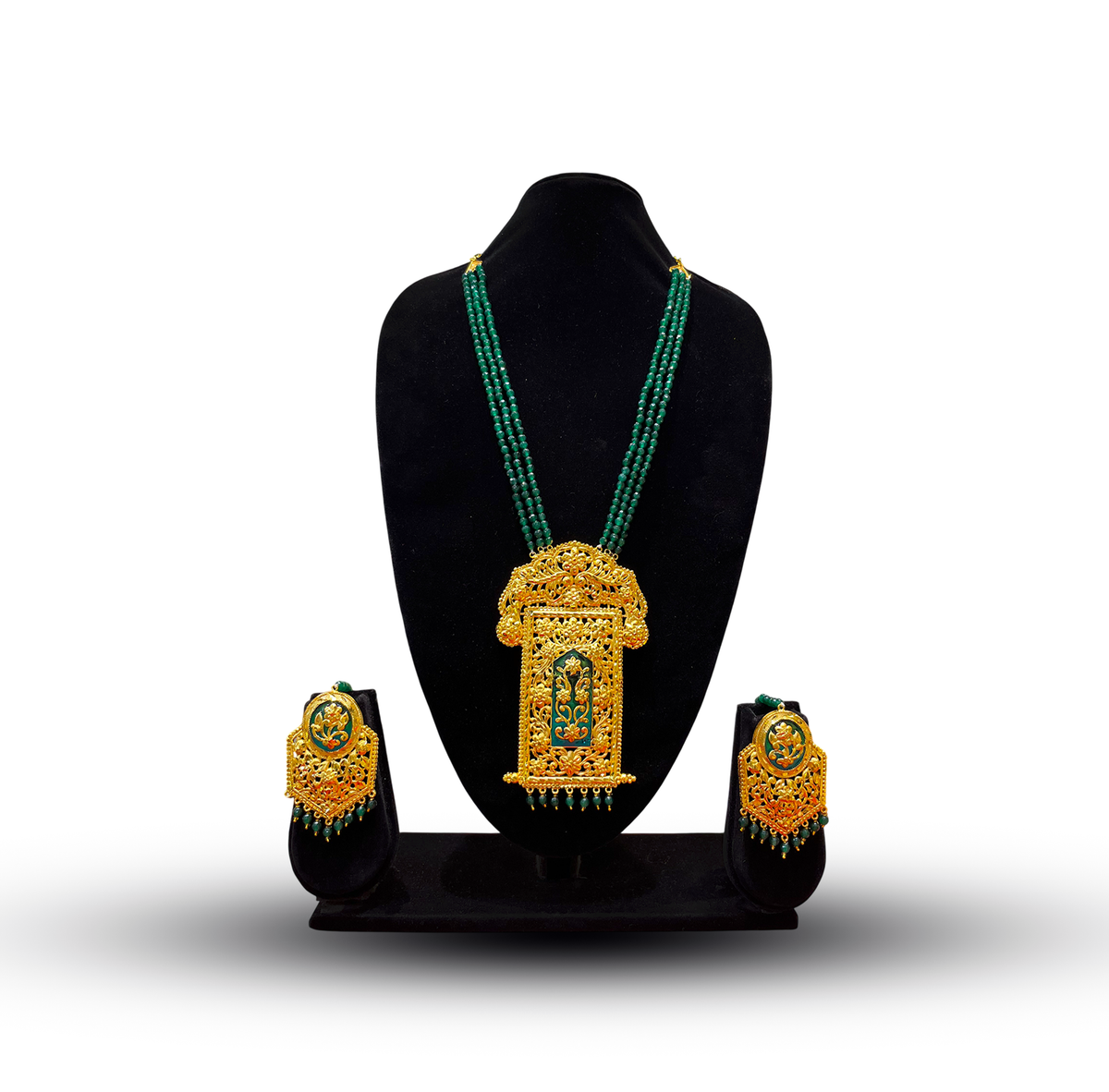 24K Gold-Plated - Mayer Sporsho Special Green Beaded Statement Necklace Set with Matching Earrings