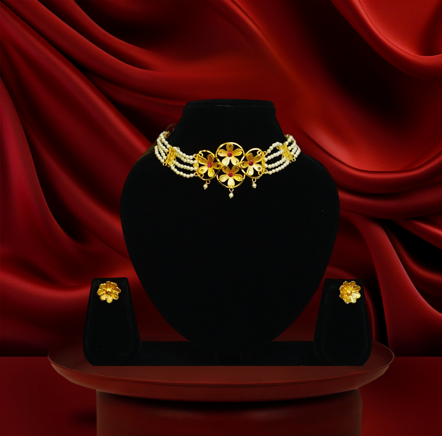 Floral Stone Fusion Pearl Choker Set – 24K Gold-Plated choker with Earrings