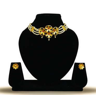 Floral Stone Fusion Pearl Choker Set – 24K Gold-Plated choker with Earrings