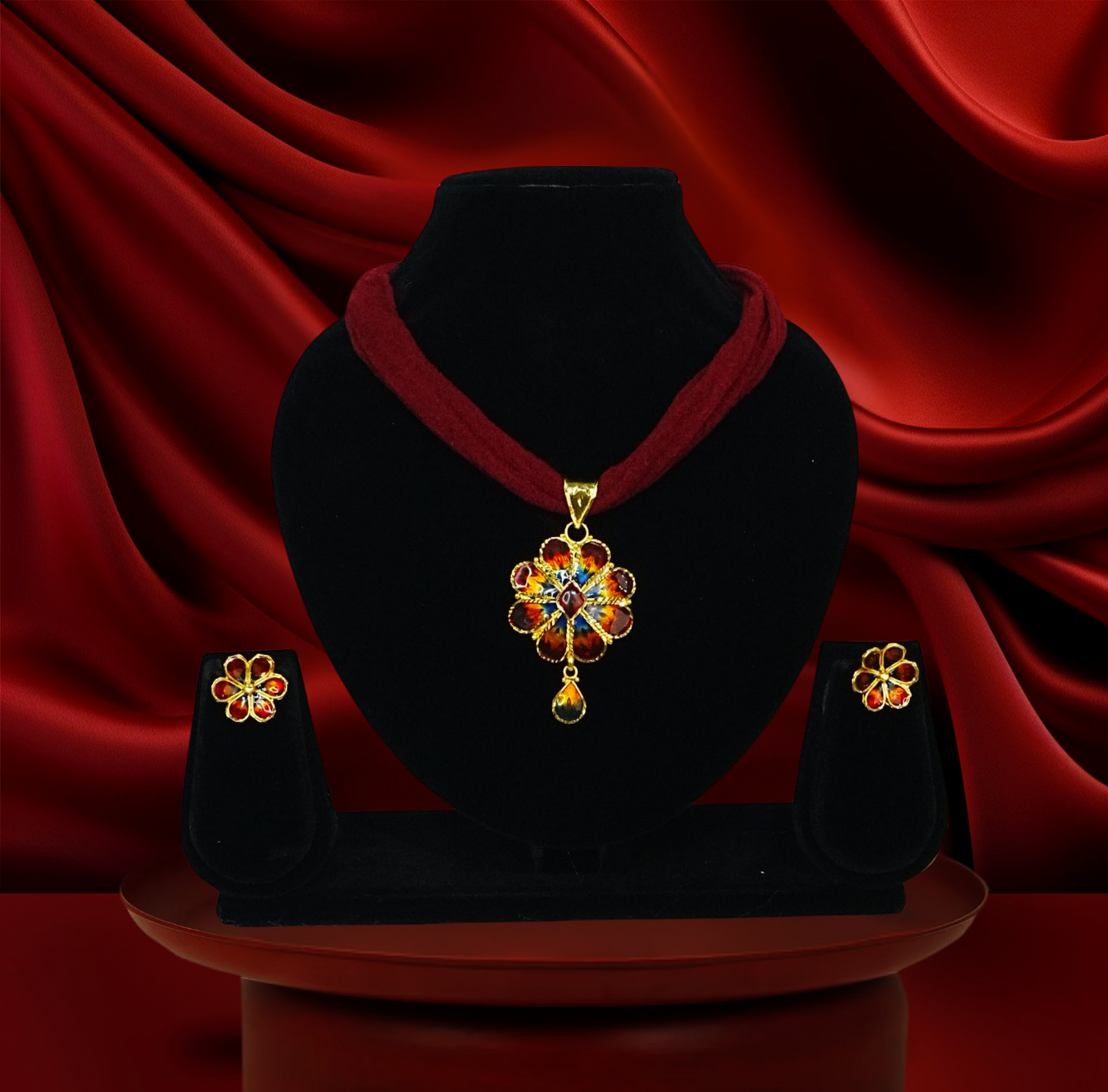 Vibrant Floral Meena Pendant Set – 24K Gold-Plated with Earrings