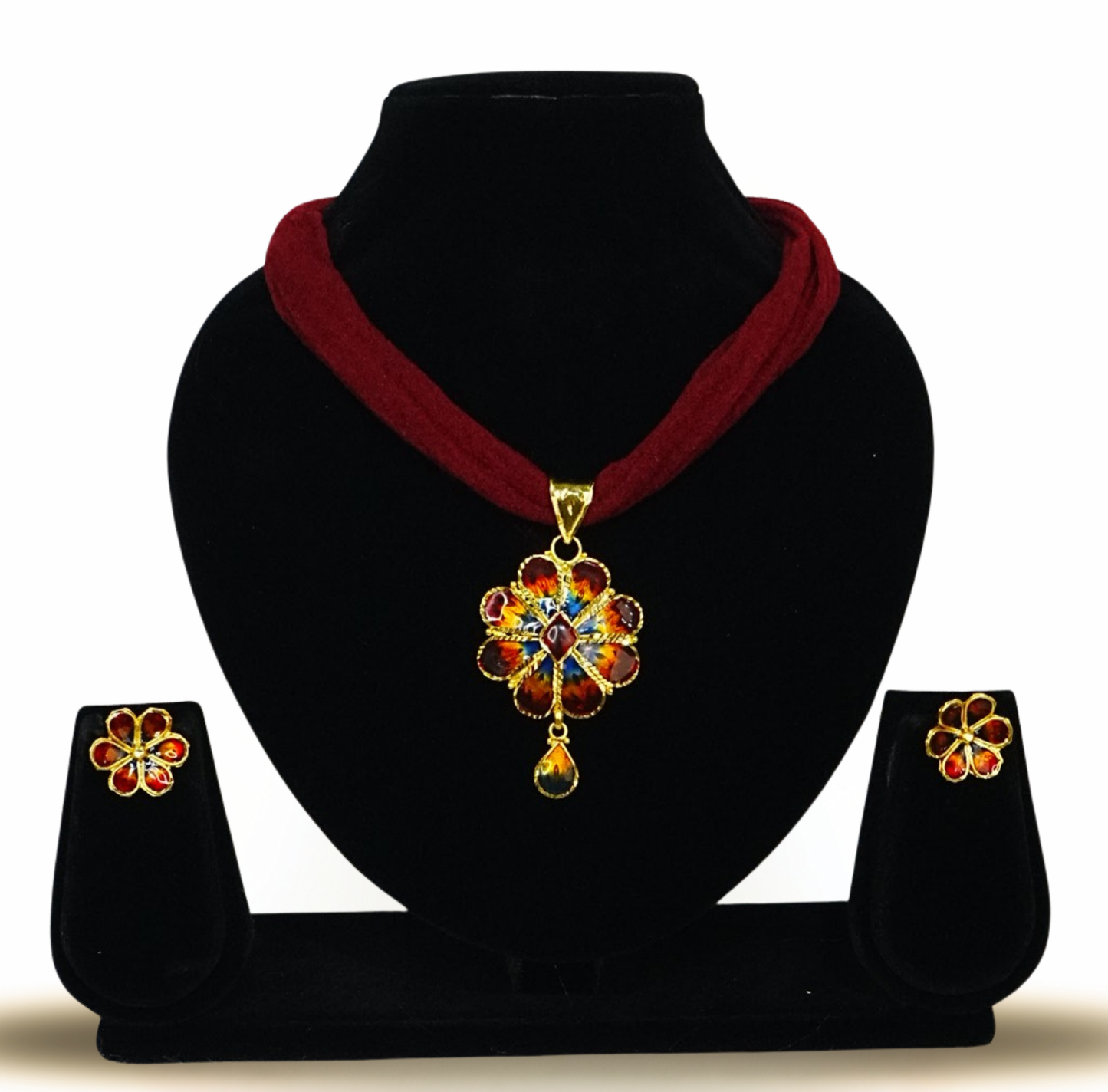 Vibrant Floral Meena Pendant Set – 24K Gold-Plated with Earrings
