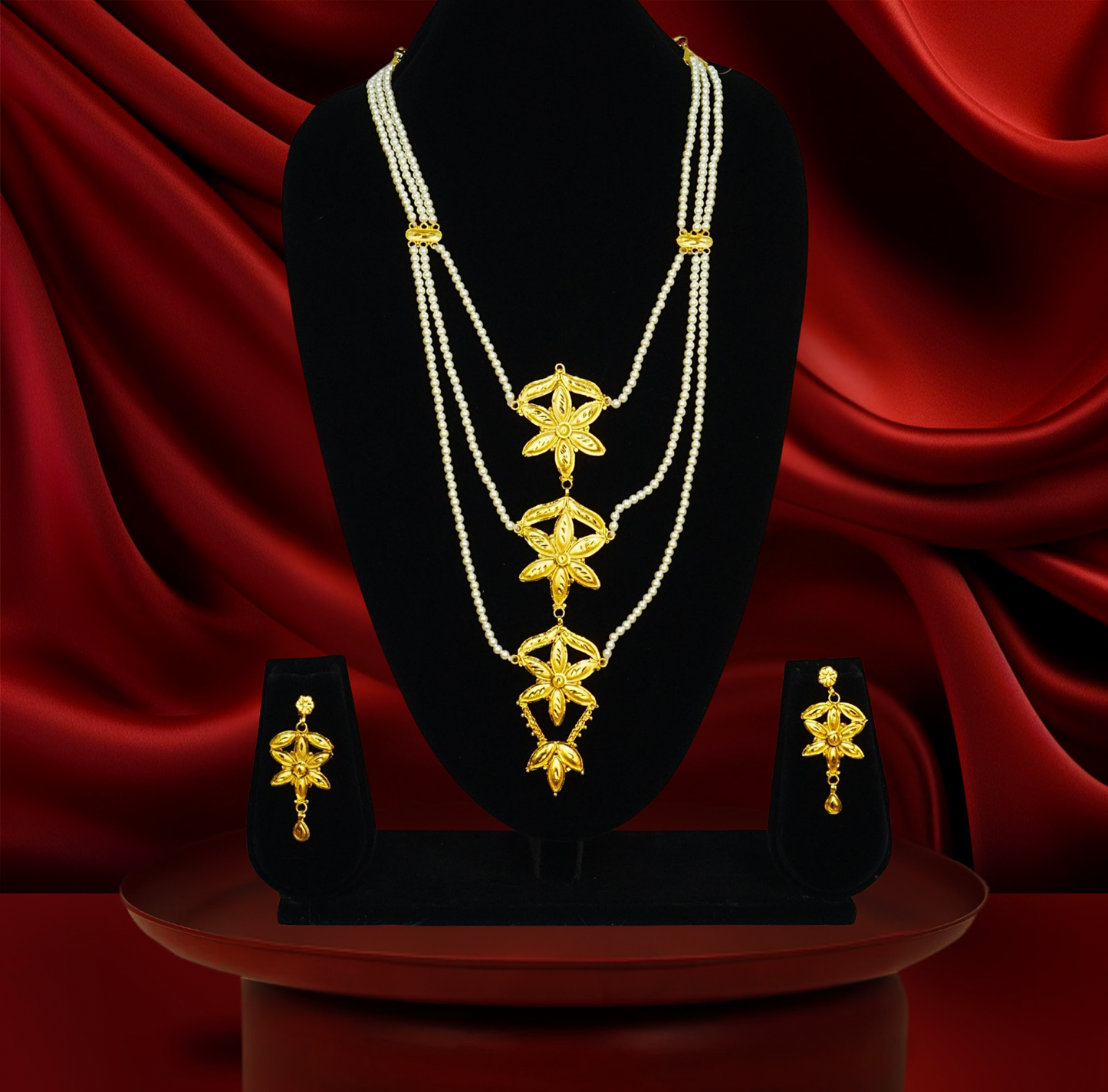 Gold Plated Rani Haar Necklace Set with Earrings -Multi Layer pearl Long Necklace For Bridal & Wedding Wear