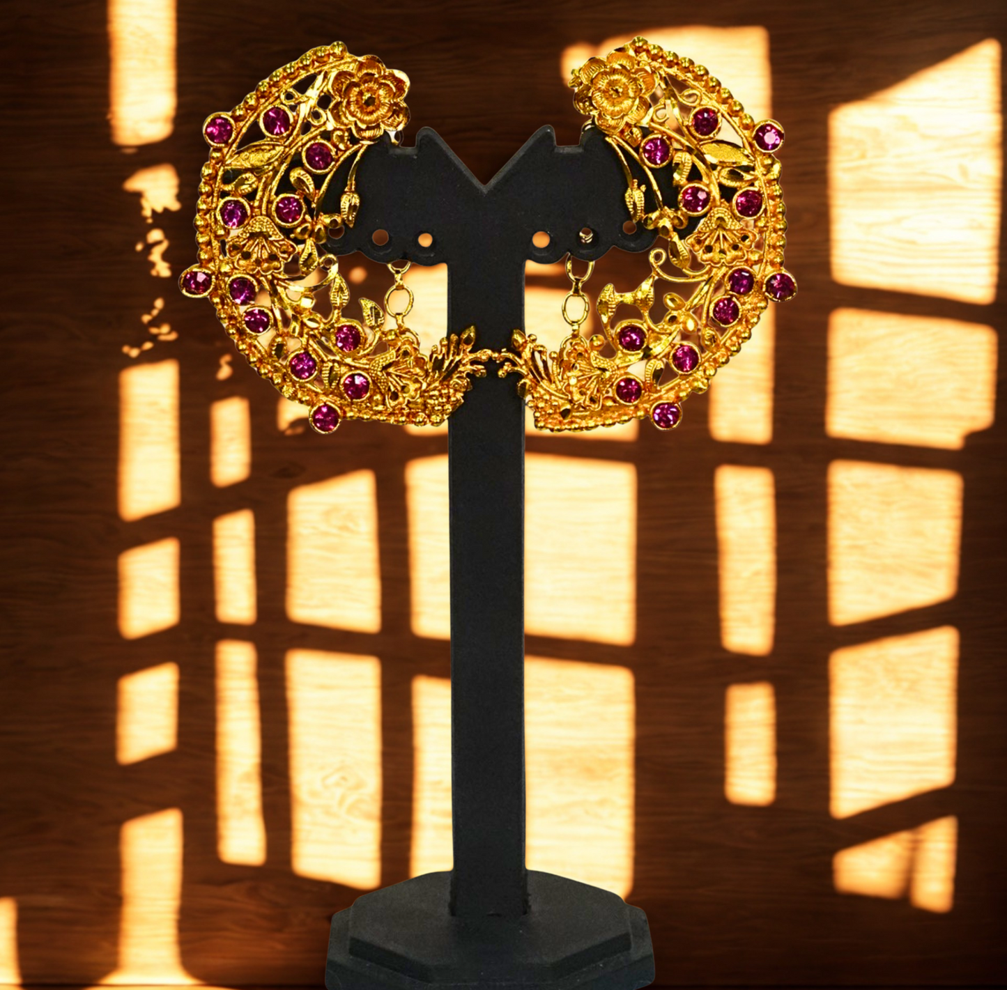 24K Gold-Plated - Floral Crescent Full Kaan with Ruby Stone Motif