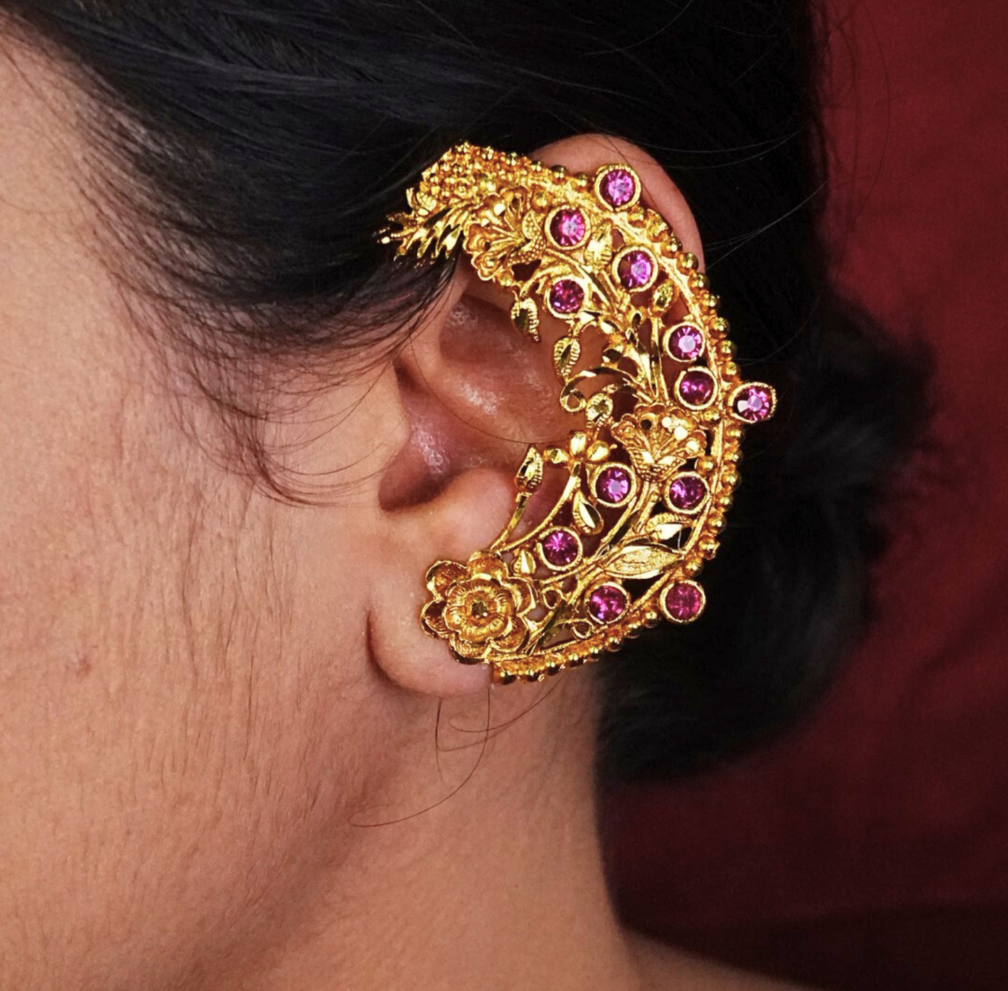 24K Gold-Plated - Floral Crescent Full Kaan with Ruby Stone Motif