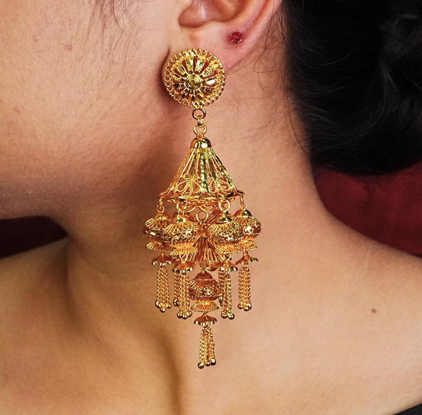 24K Gold-Plated - Chandbali Jhumka – Royal Dome Cascade Earrings