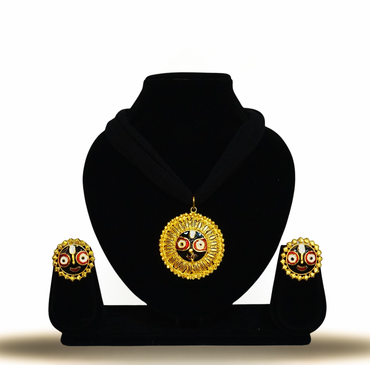 24K Gold-Plated Jagannath Meena Pendant Set with Earrings – Traditional Temple Jewellery