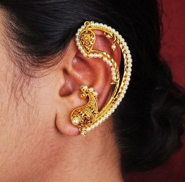 24K Gold-Plated - Pearl-Studded Peacock Full Kaan Earrings – Traditional Bengali Bridal Design